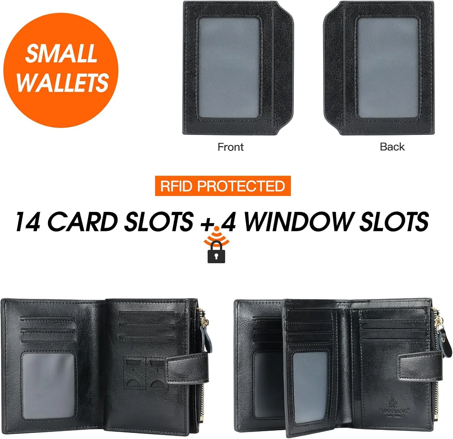 Wallets for Women Leather RFID Blocking Small Bifold Zipper Pocket Wallet Card Case Purse with ID Window… (Black)