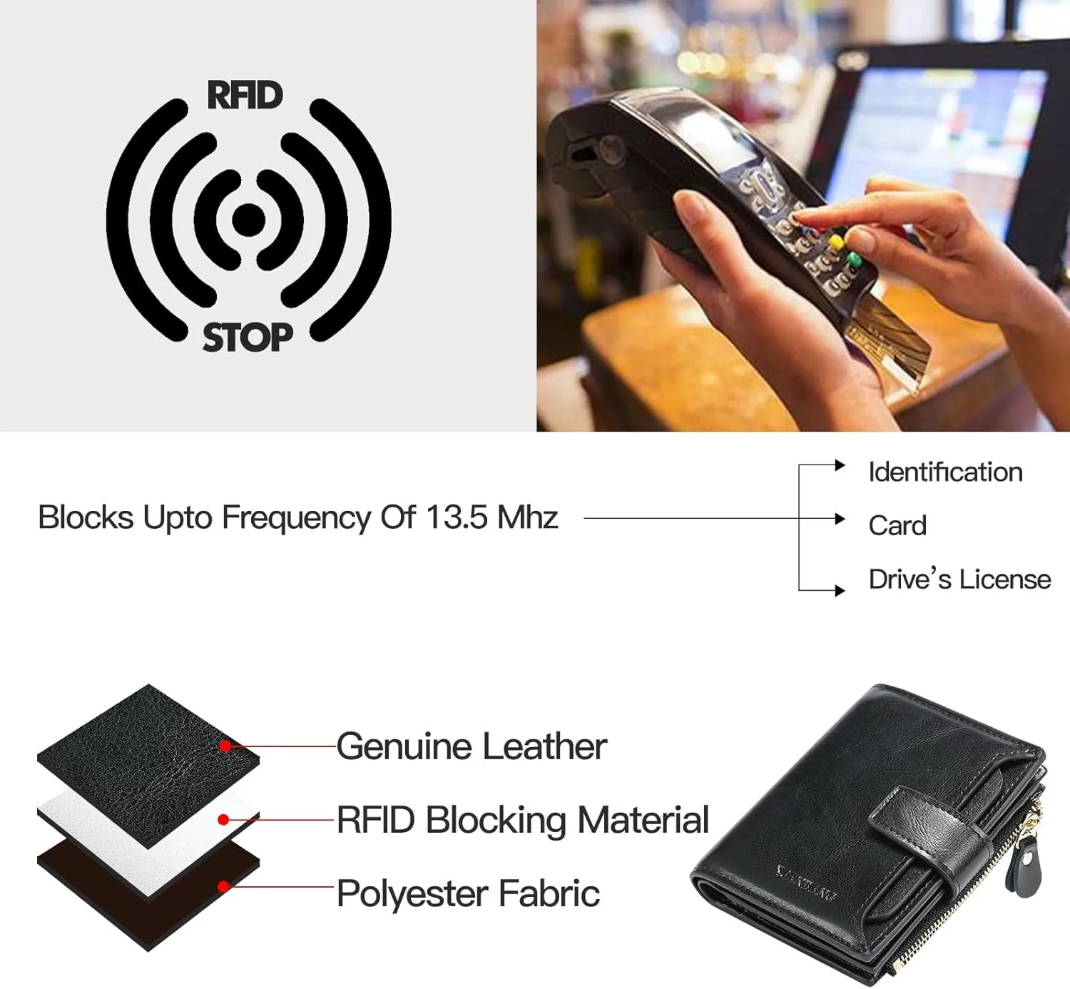 Wallets for Women Leather RFID Blocking Small Bifold Zipper Pocket Wallet Card Case Purse with ID Window… (Black)