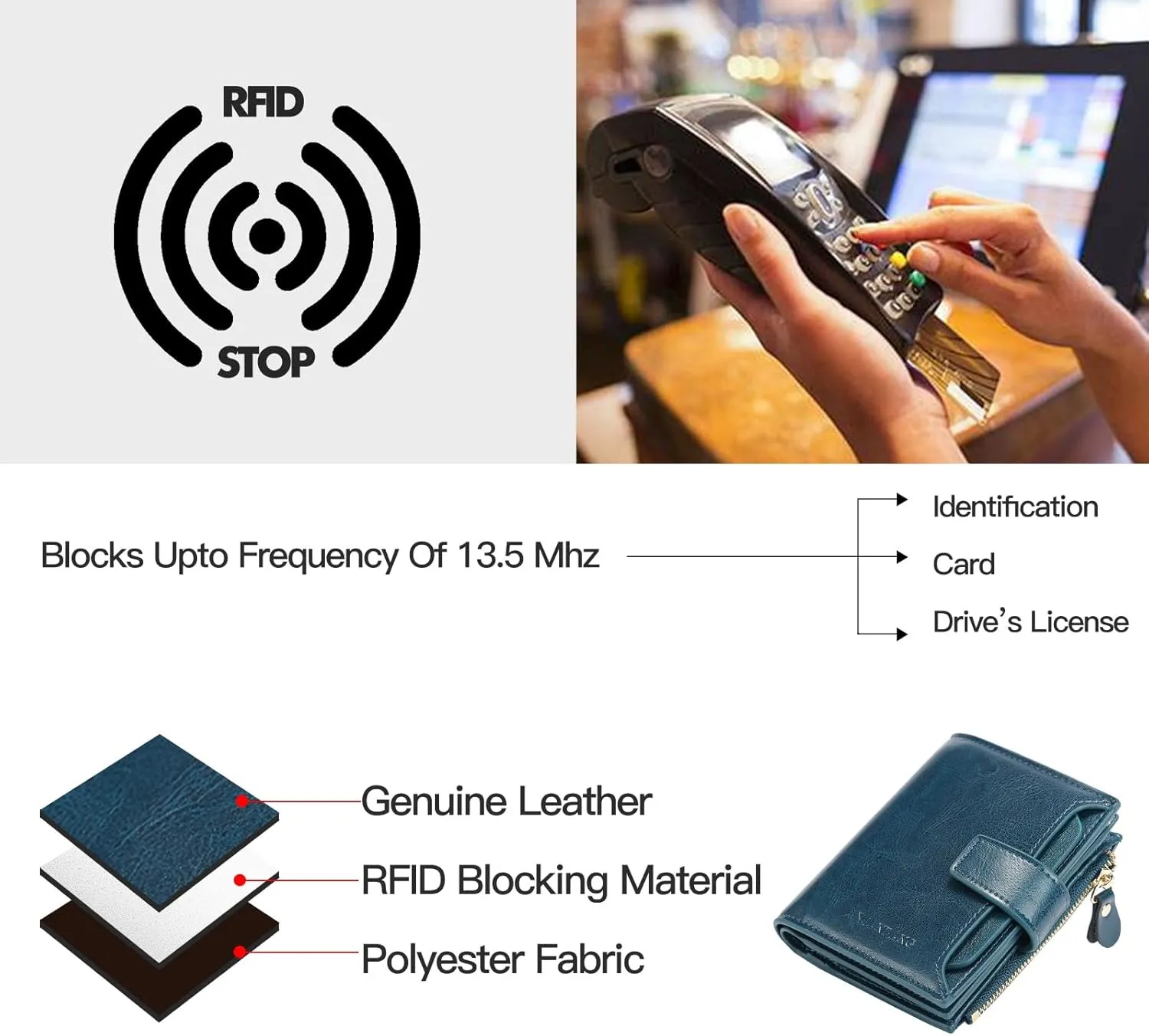 Wallets for Women Leather RFID Blocking Small Bifold Zipper Pocket Wallet Card Case Purse with ID Window… (Blue)