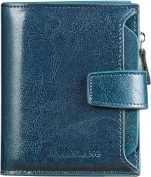 Wallets for Women Leather RFID Blocking Small Bifold Zipper Pocket Wallet Card Case Purse with ID Window… (Blue)