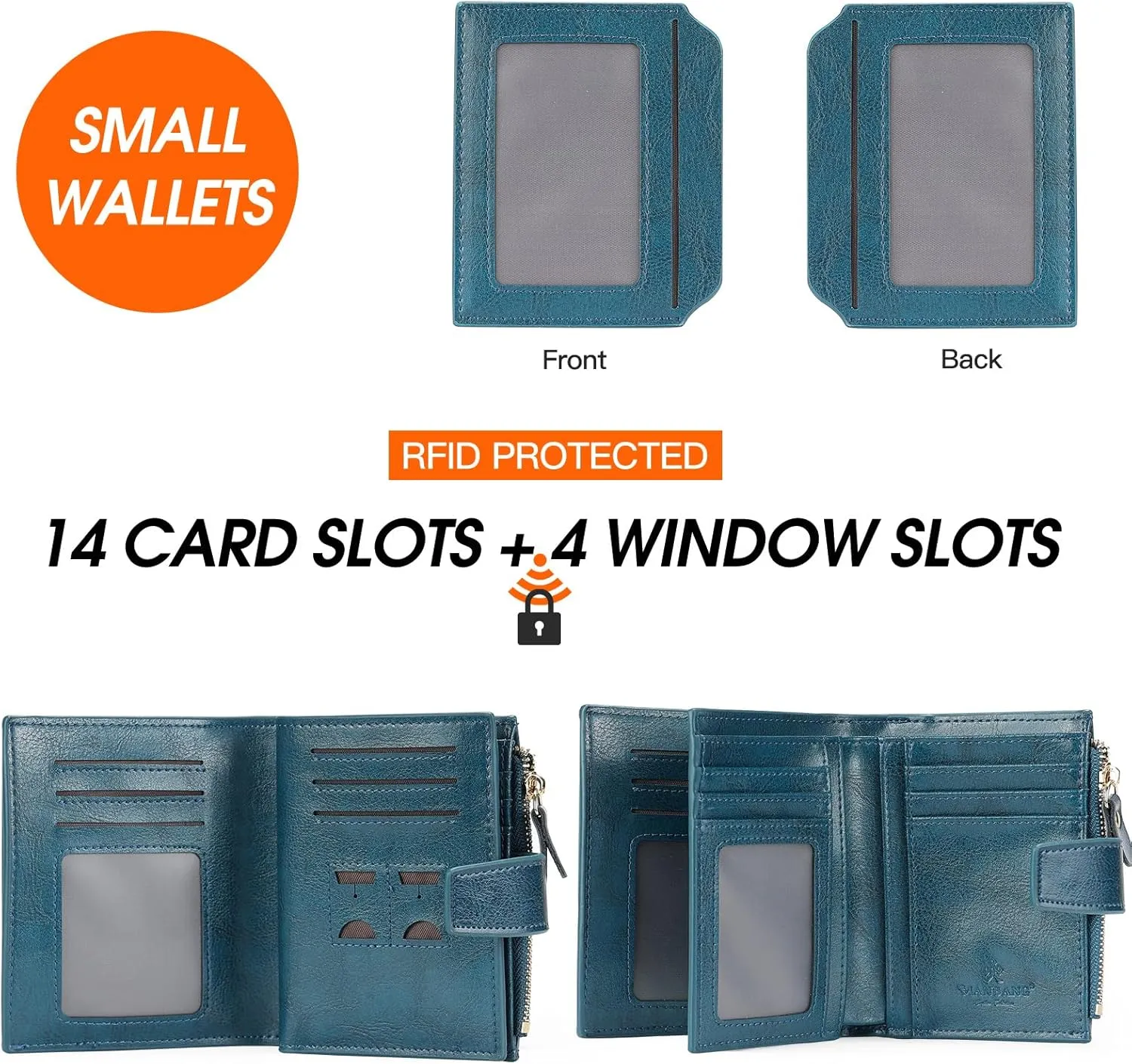 Wallets for Women Leather RFID Blocking Small Bifold Zipper Pocket Wallet Card Case Purse with ID Window… (Blue)