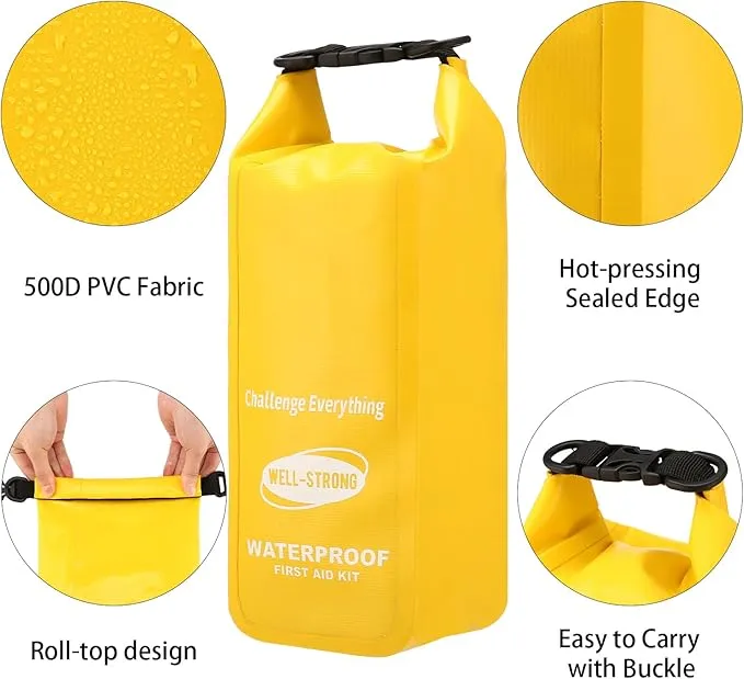 Waterproof First Aid Kit Roll Top Boat Emergency Kit with Waterproof Contents for Fishing Kayaking Boating Swimming Camping Rafting Beach Yellow