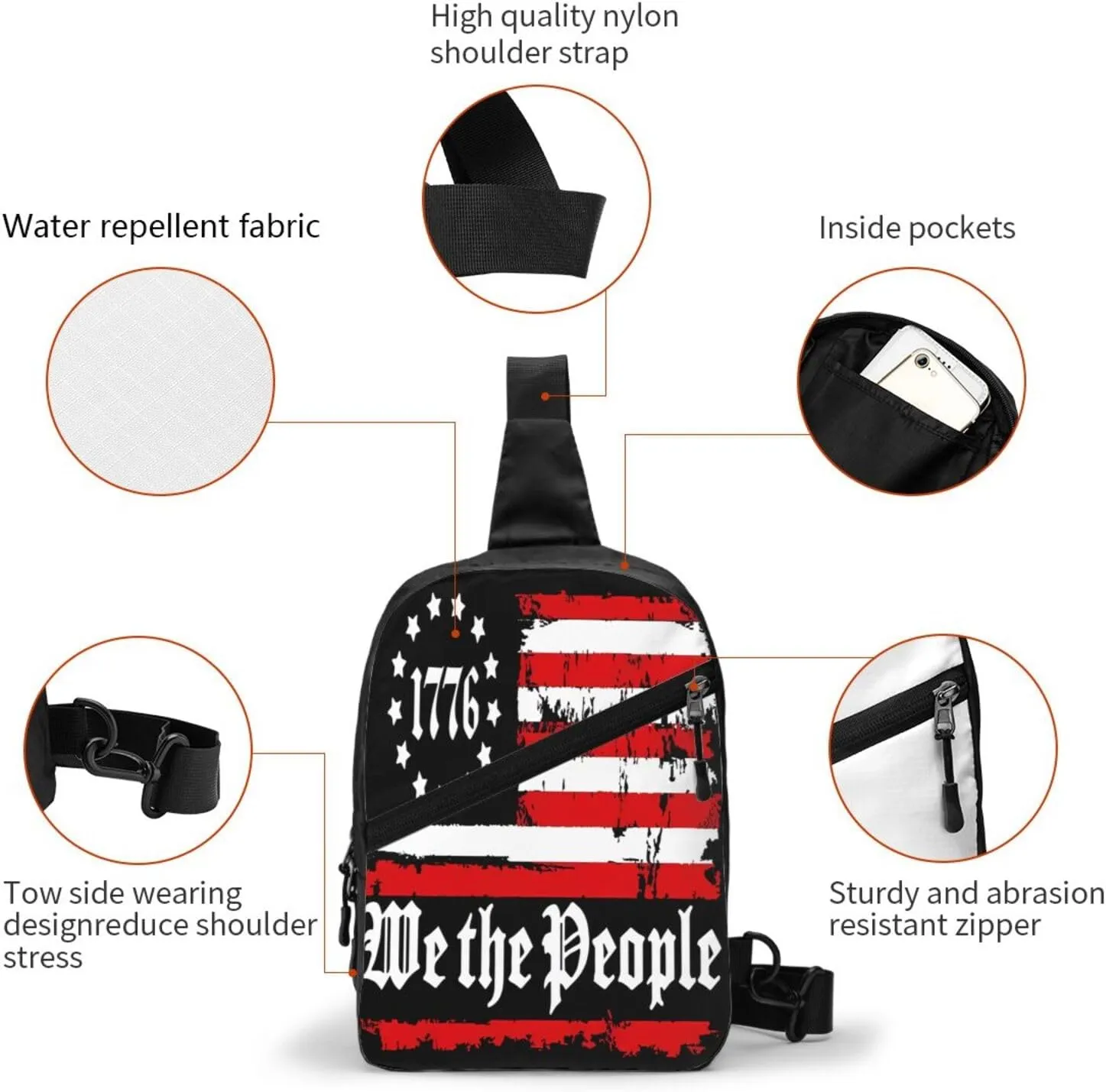 We The People Distressed American Flag Portable Sling Bags Packable Crossbody Bag Foldable Sport Daypack Reusable Shoulder Backpack Diagonally Chest Bag for Workout Travel