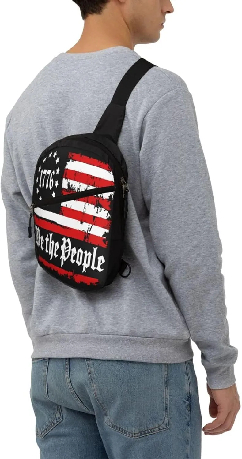 We The People Distressed American Flag Portable Sling Bags Packable Crossbody Bag Foldable Sport Daypack Reusable Shoulder Backpack Diagonally Chest Bag for Workout Travel