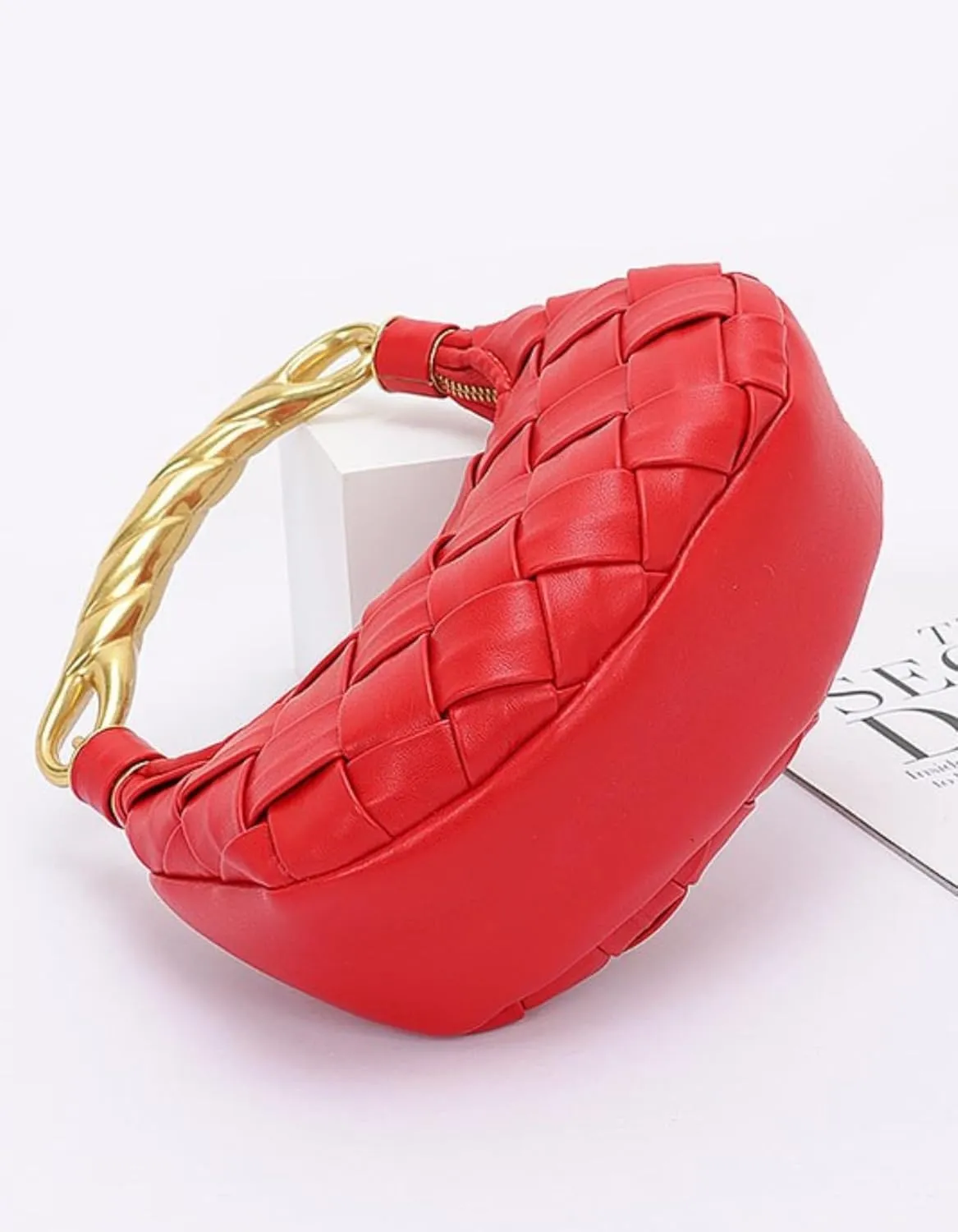 Weave Handbag PU Leather Shoulder Bag for Women Luxury Designer Round Tote Purse with Gold Chain Round Crossbody Bag