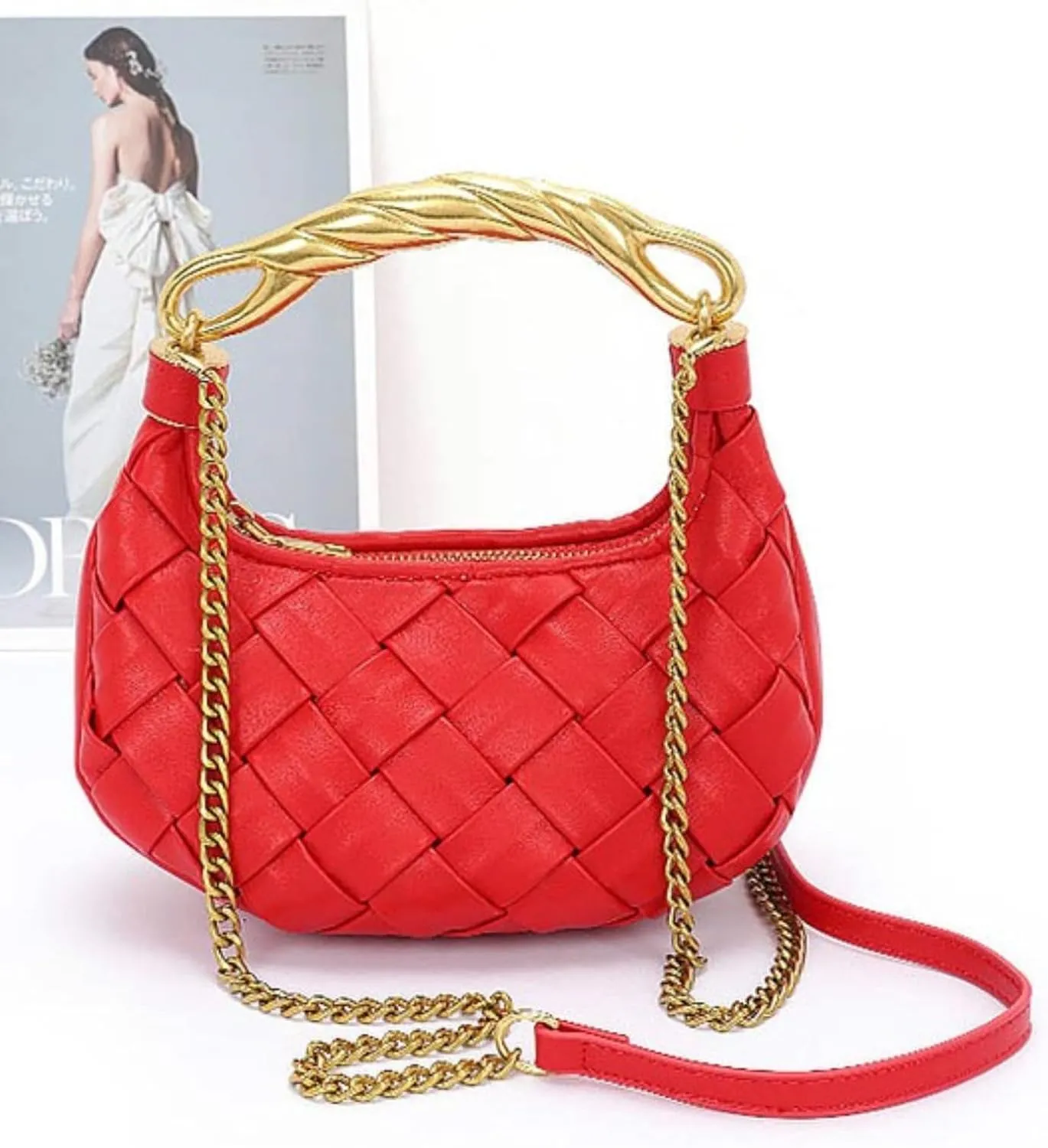 Weave Handbag PU Leather Shoulder Bag for Women Luxury Designer Round Tote Purse with Gold Chain Round Crossbody Bag