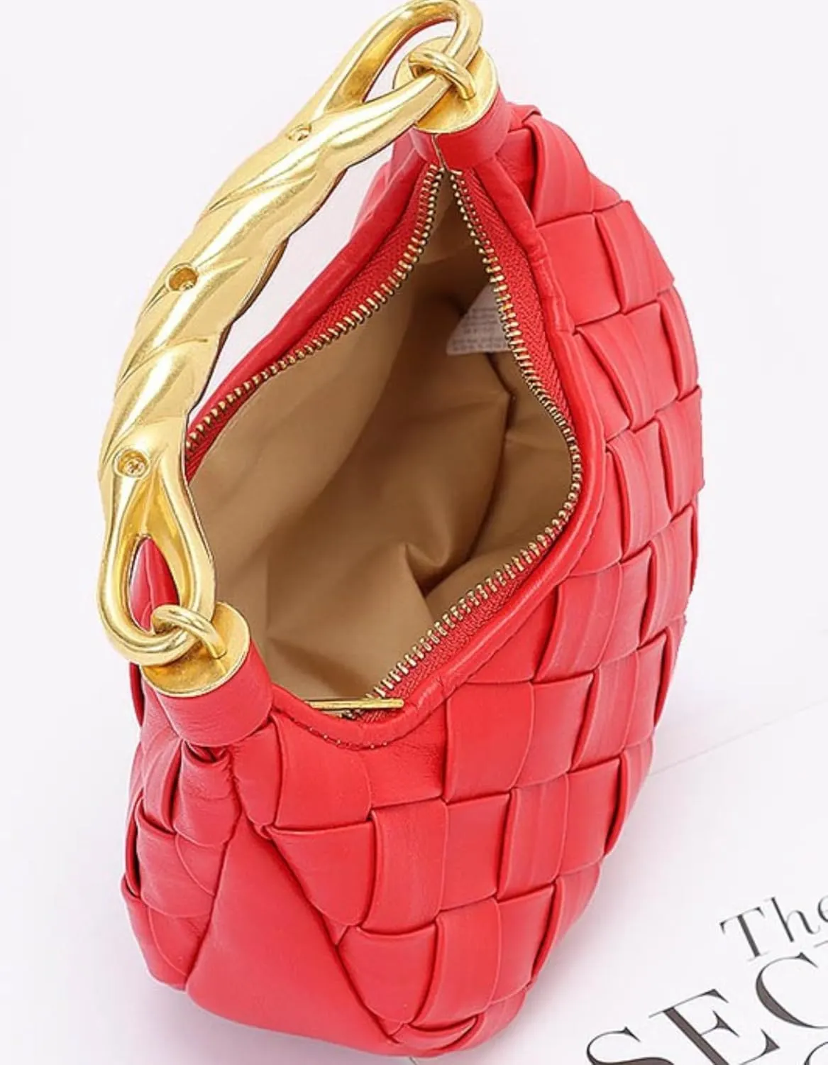 Weave Handbag PU Leather Shoulder Bag for Women Luxury Designer Round Tote Purse with Gold Chain Round Crossbody Bag