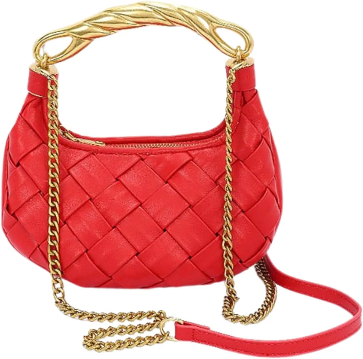 Weave Handbag PU Leather Shoulder Bag for Women Luxury Designer Round Tote Purse with Gold Chain Round Crossbody Bag