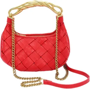Weave Handbag PU Leather Shoulder Bag for Women Luxury Designer Round Tote Purse with Gold Chain Round Crossbody Bag