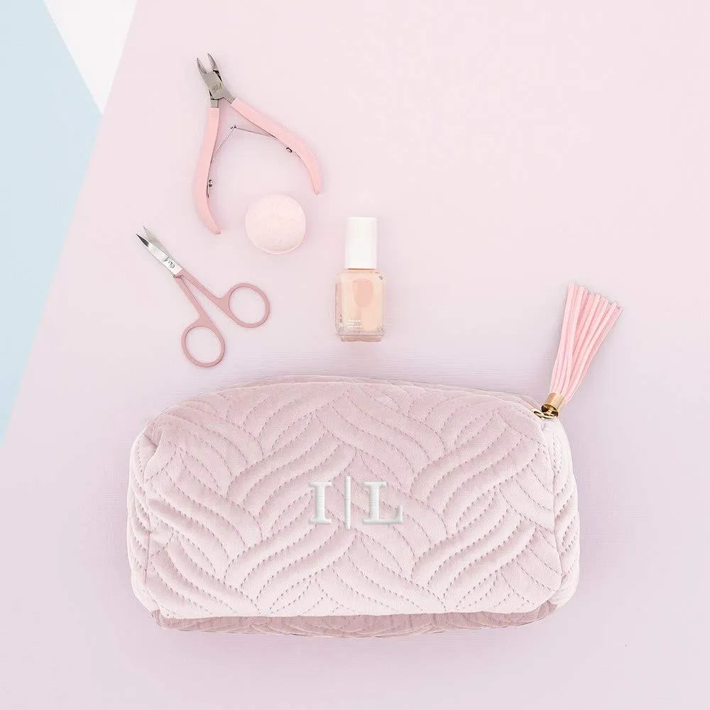 WEDDINGSTAR Small Personalized Velvet Quilted Makeup Bag For Women - Blush Pink