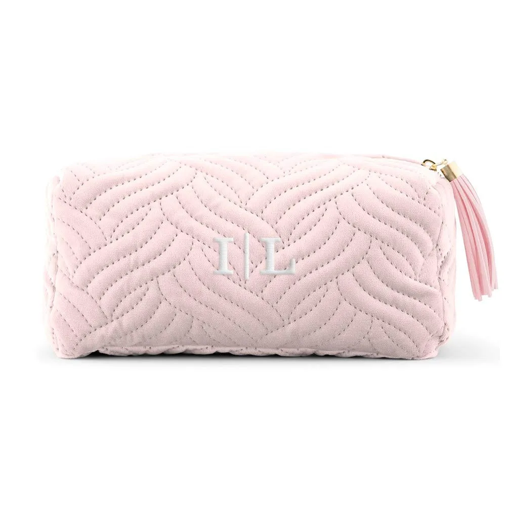 WEDDINGSTAR Small Personalized Velvet Quilted Makeup Bag For Women - Blush Pink
