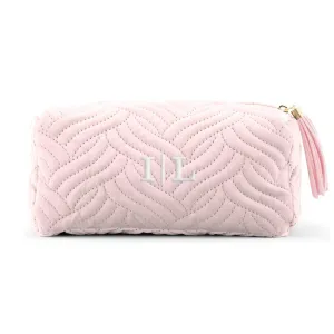 WEDDINGSTAR Small Personalized Velvet Quilted Makeup Bag For Women - Blush Pink