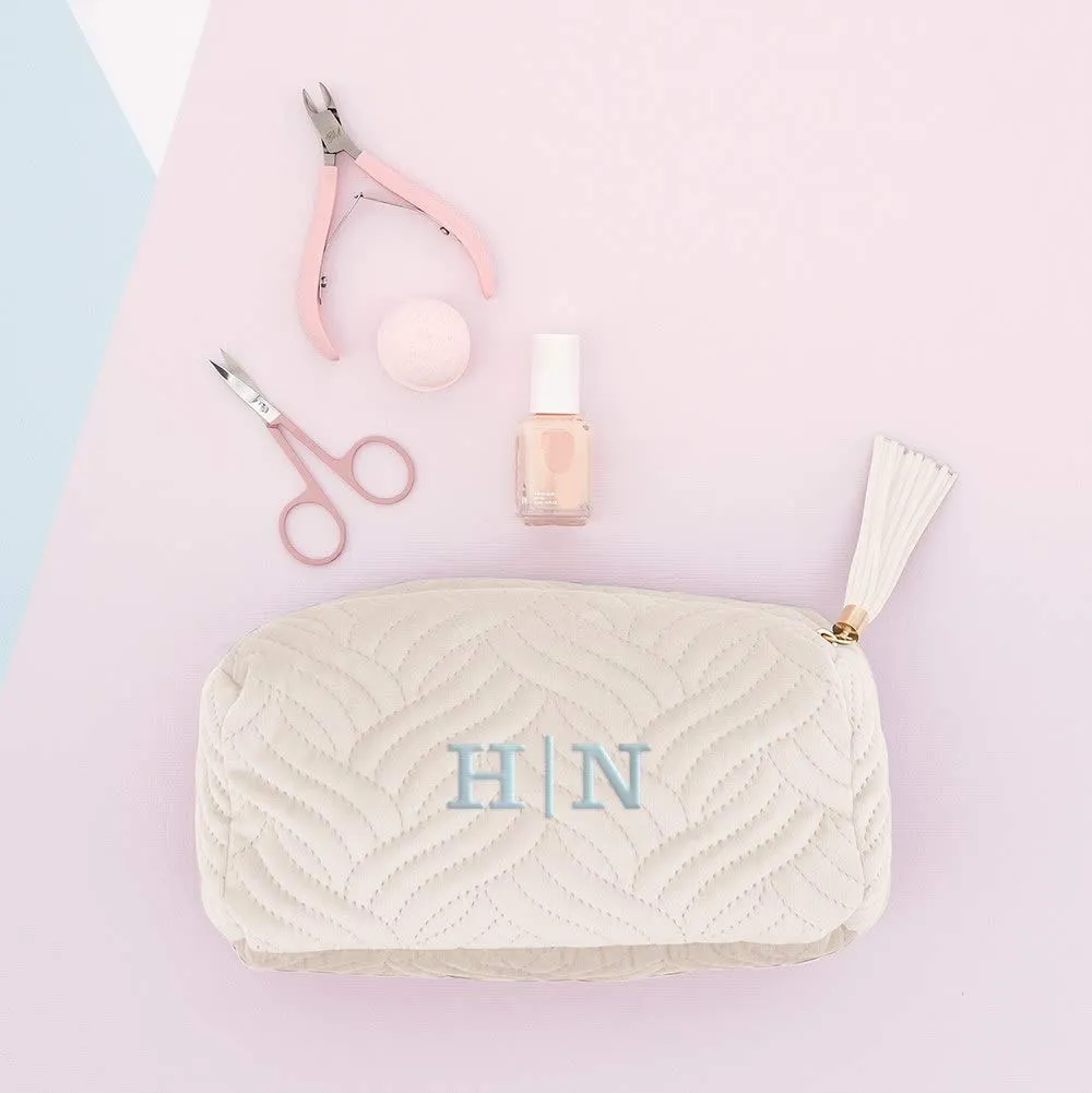 WEDDINGSTAR Small Personalized Velvet Quilted Makeup Bag For Women - Ivory Beige