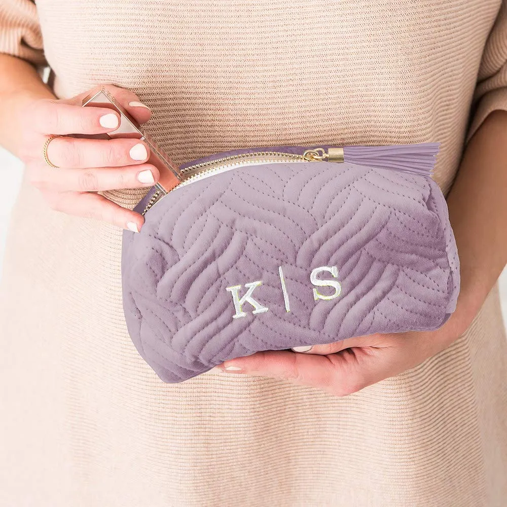 WEDDINGSTAR Small Personalized Velvet Quilted Makeup Bag For Women - Lavender Purple