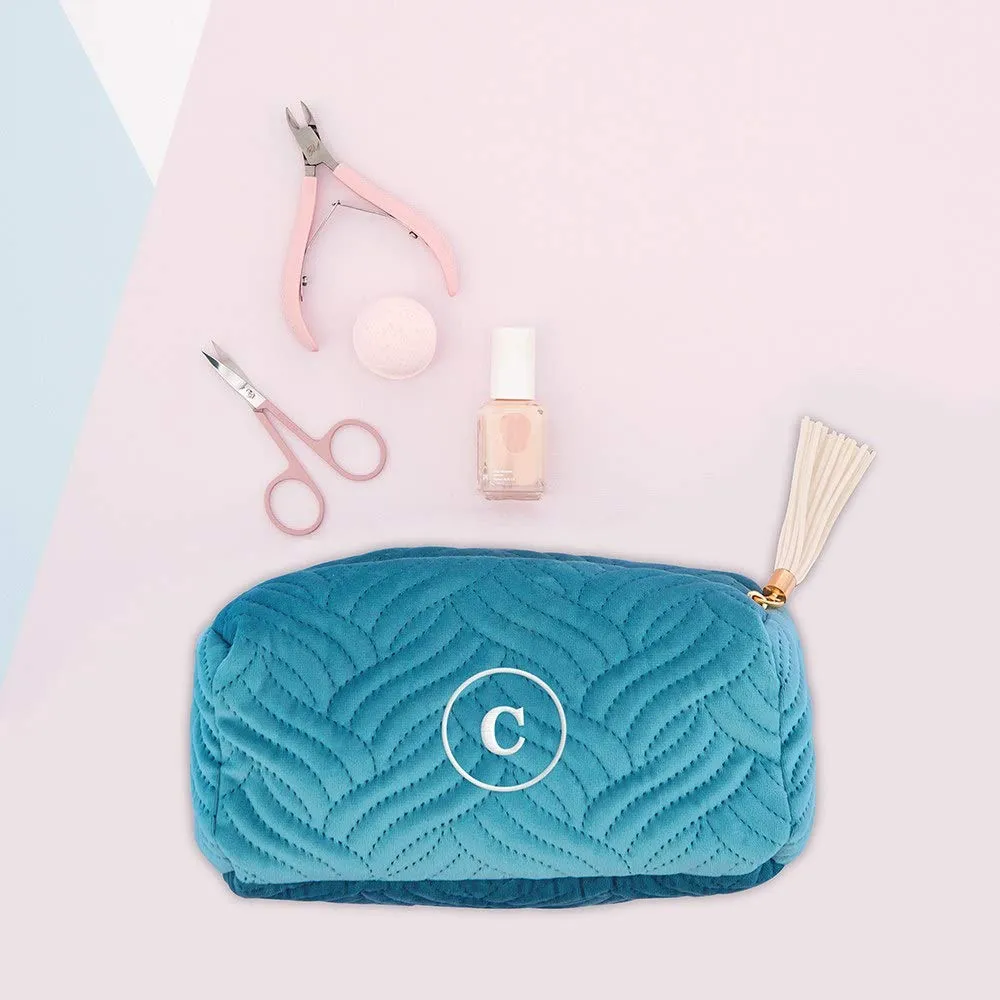 WEDDINGSTAR Small Personalized Velvet Quilted Makeup Bag For Women - Oasis Blue