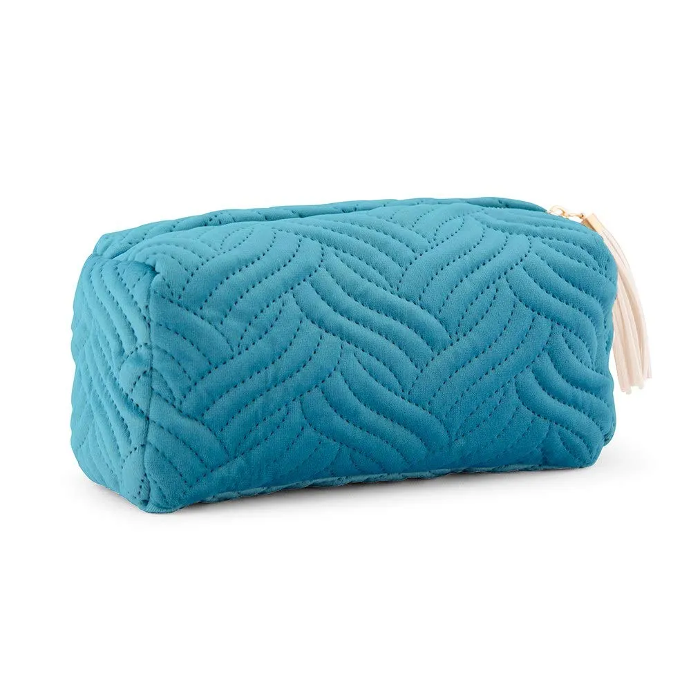 WEDDINGSTAR Small Personalized Velvet Quilted Makeup Bag For Women - Oasis Blue