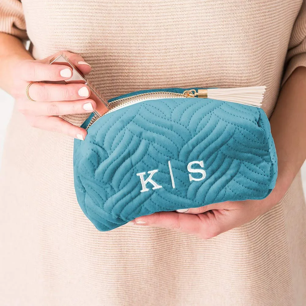 WEDDINGSTAR Small Personalized Velvet Quilted Makeup Bag For Women - Oasis Blue