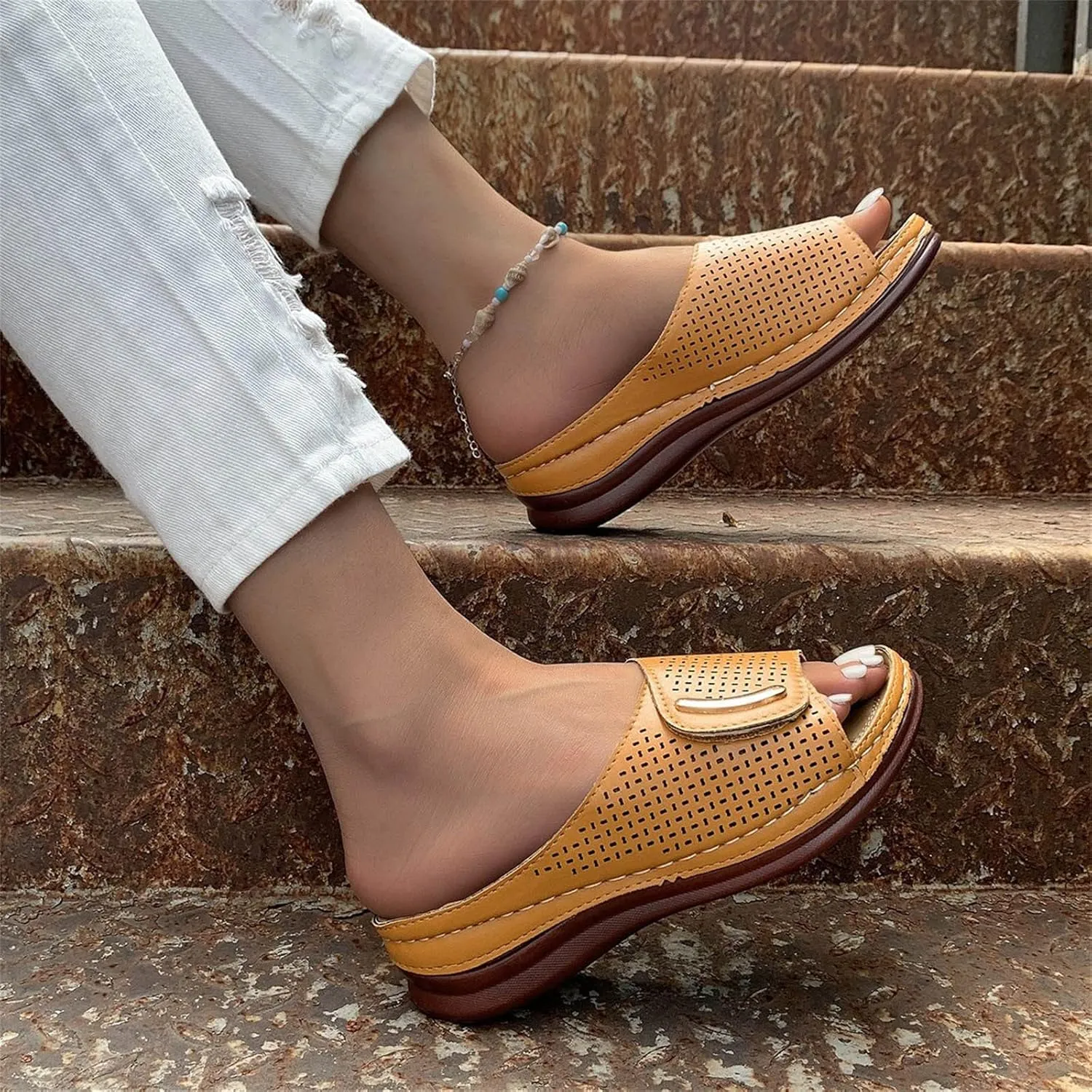 Wedge Sandals for Women 2024 Ladies Summer Fashion Solid Colour Hollow Out Open Toe Breathable Slope Heel Outside Wear