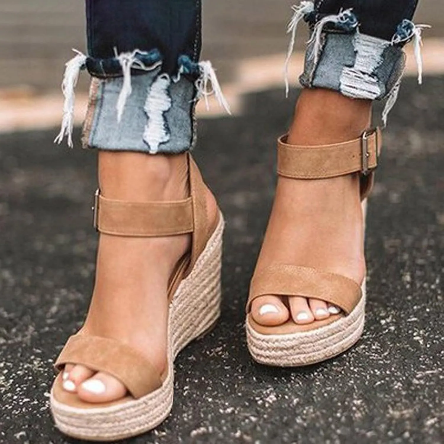 Wedge Sandals for Women 2024 Weaving Wedge Toe Heel Women Slope Buckle Size Open Summer Belt Sandals Large Women's