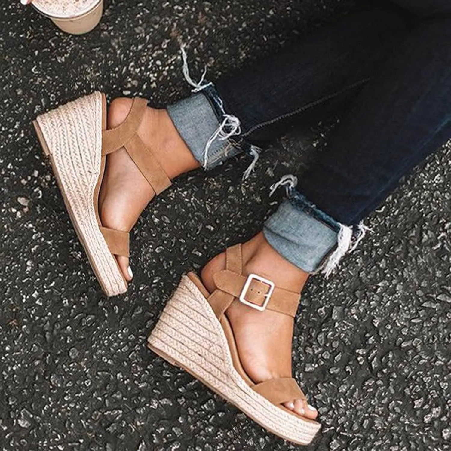 Wedge Sandals for Women 2024 Weaving Wedge Toe Heel Women Slope Buckle Size Open Summer Belt Sandals Large Women's