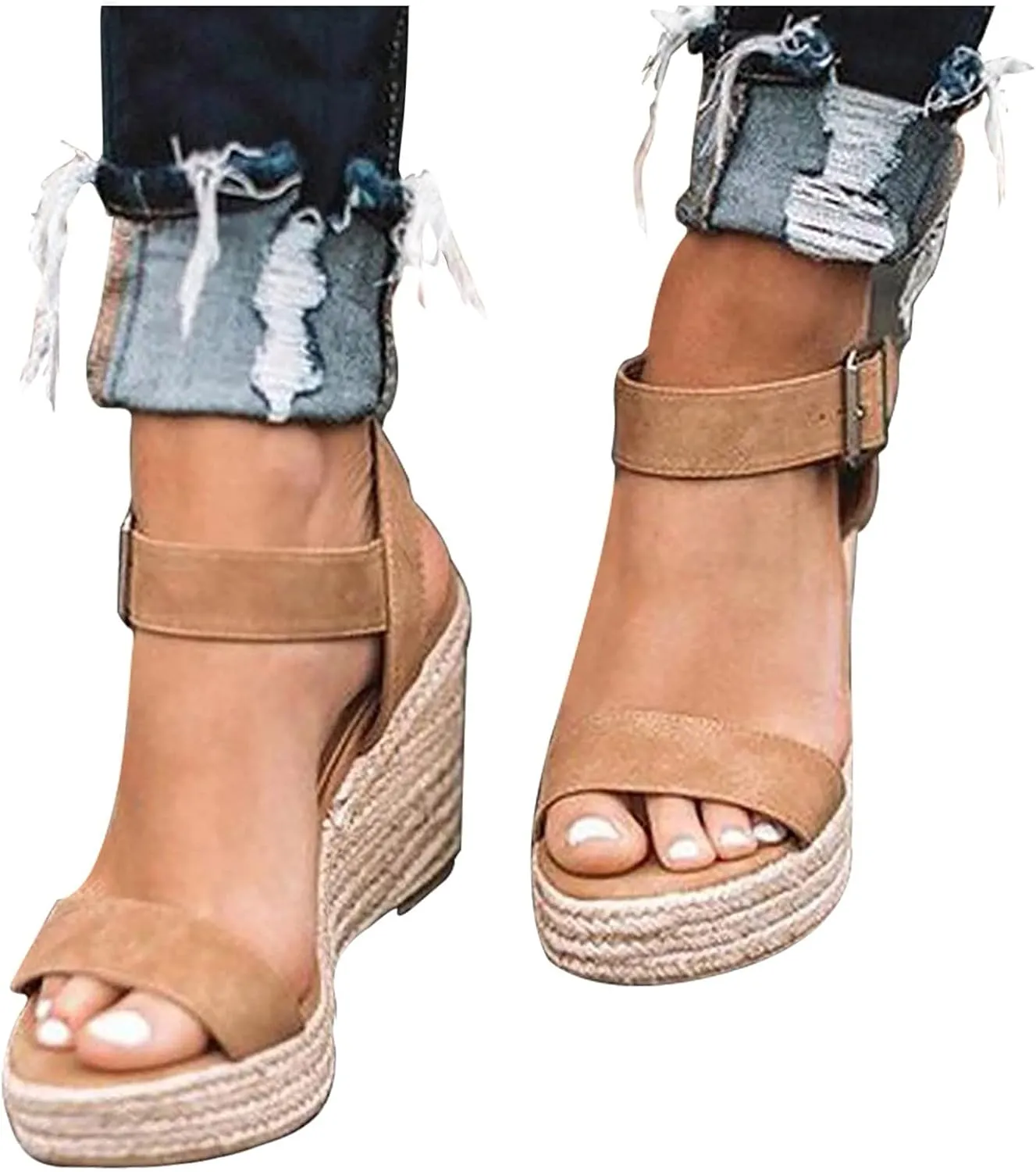 Wedge Sandals for Women 2024 Weaving Wedge Toe Heel Women Slope Buckle Size Open Summer Belt Sandals Large Women's