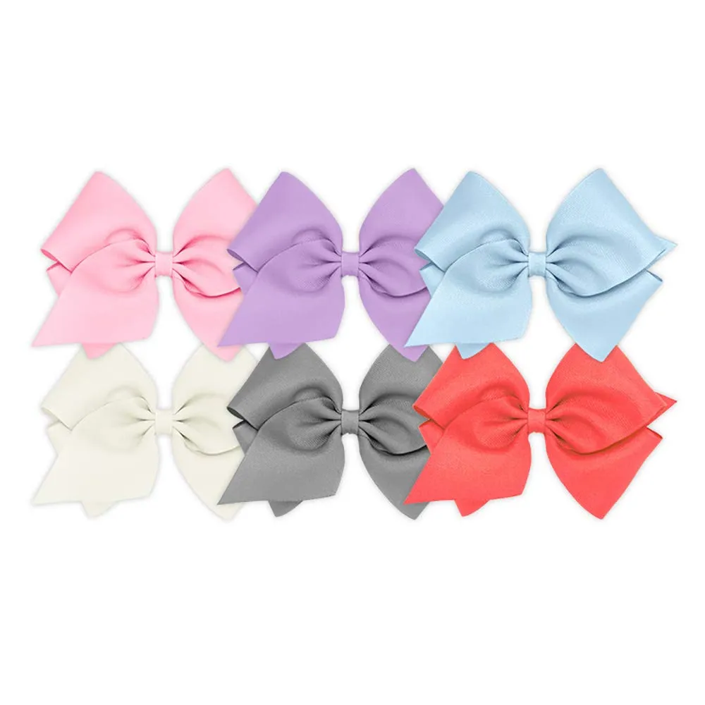 Wee Ones Girls' 6 Piece Set of Bows, Solid Grosgrain Variety Pack on a WeeStay No-Slip Hair Clip, Mini King, Pearl Pink, Light Orchid, Millennium Blue, Antique White, Gray and Watermelon