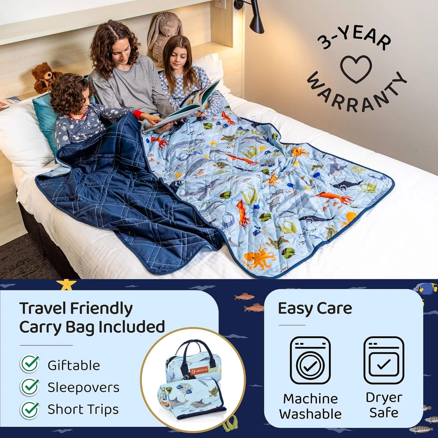 Weighted Blanket Kids, 7 lb, 40x60 inches, Small Twin Size, Soft Cotton, Machine Washable, Blue/Ocean Animals