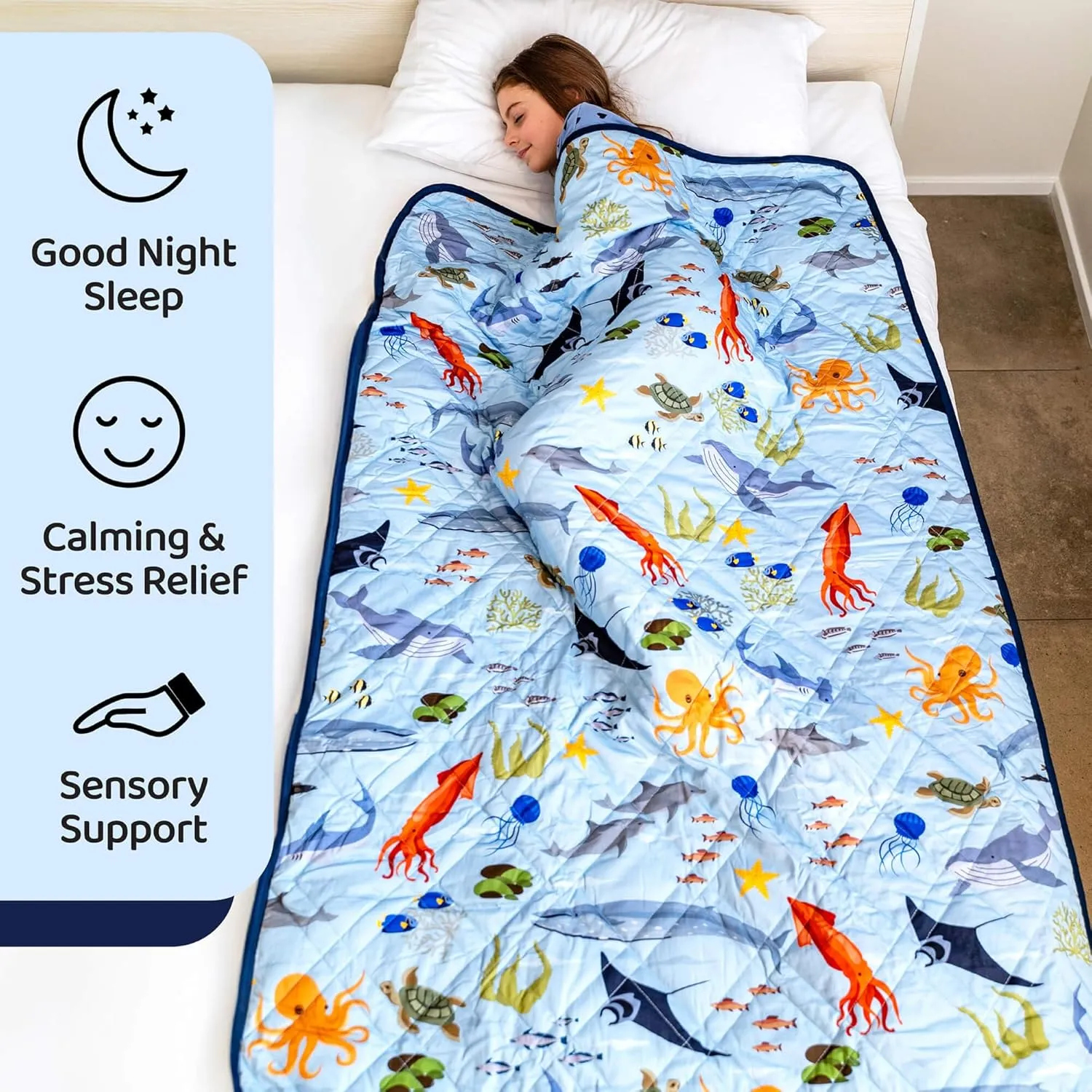 Weighted Blanket Kids, 7 lb, 40x60 inches, Small Twin Size, Soft Cotton, Machine Washable, Blue/Ocean Animals