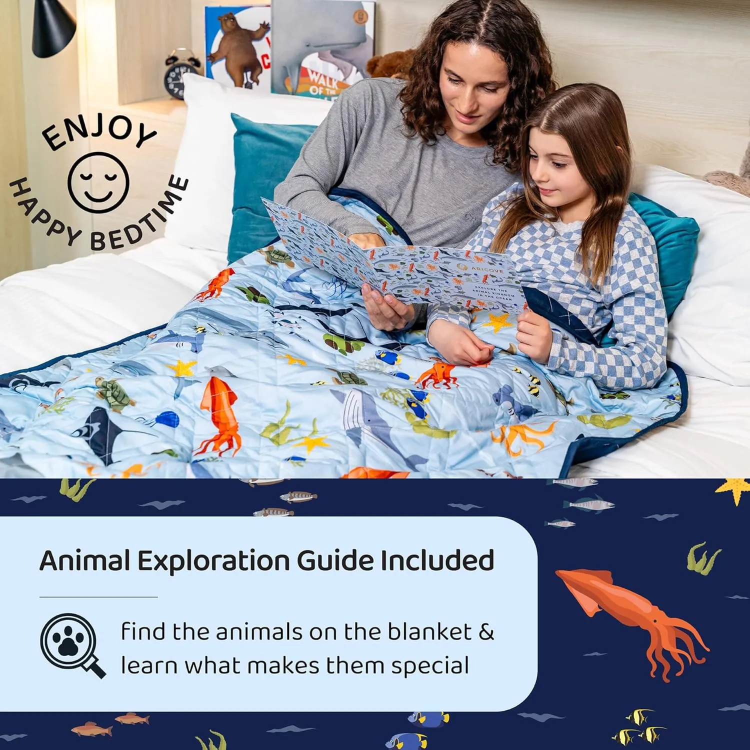 Weighted Blanket Kids, 7 lb, 40x60 inches, Small Twin Size, Soft Cotton, Machine Washable, Blue/Ocean Animals