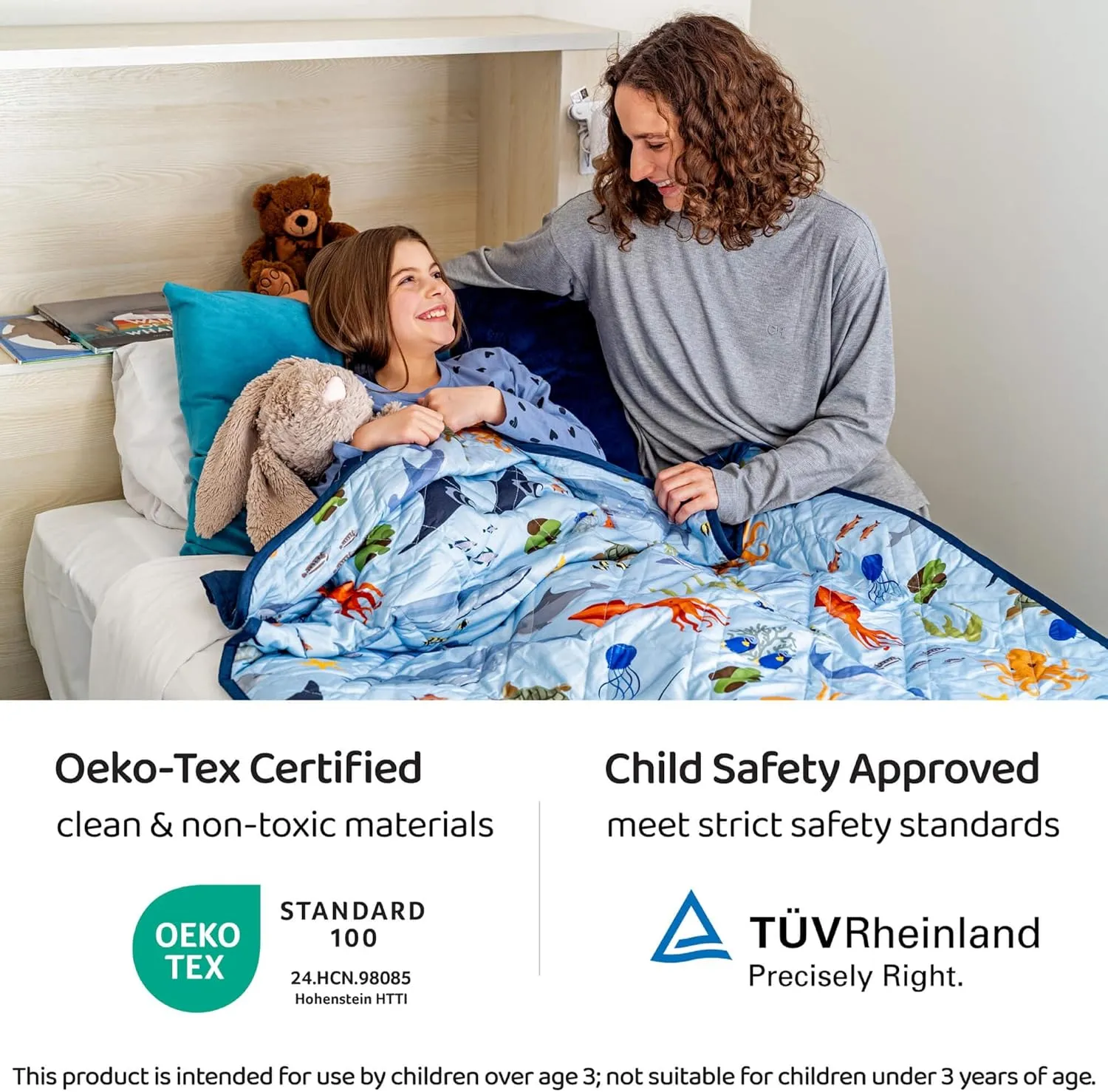 Weighted Blanket Kids, 7 lb, 40x60 inches, Small Twin Size, Soft Cotton, Machine Washable, Blue/Ocean Animals