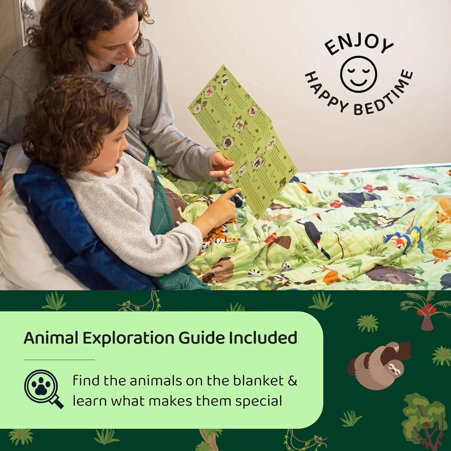 Weighted Blanket Kids, 7 lb, 40x60 inches, Small Twin Size, Soft Cotton, Machine Washable, Green/Jungle Animals
