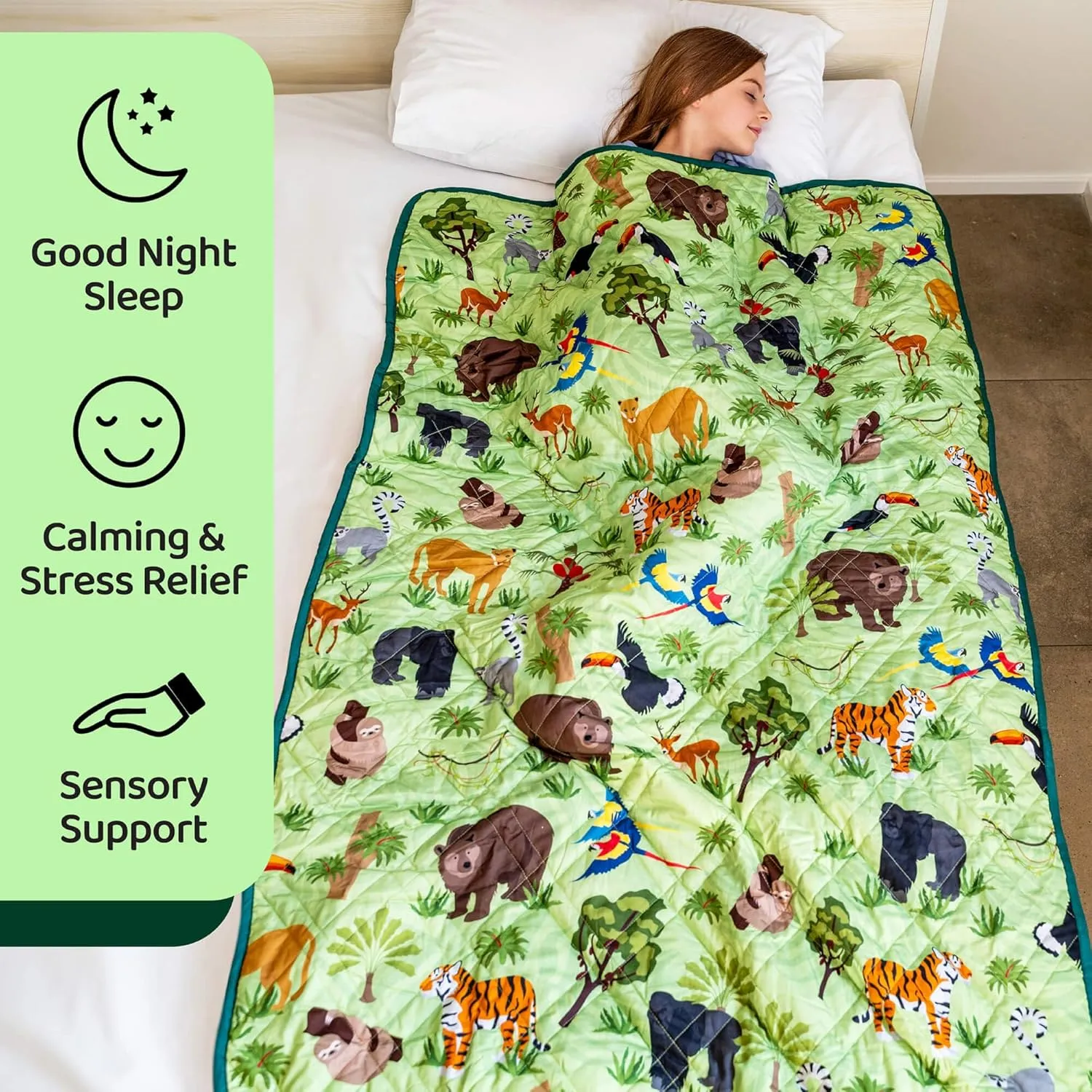 Weighted Blanket Kids, 7 lb, 40x60 inches, Small Twin Size, Soft Cotton, Machine Washable, Green/Jungle Animals