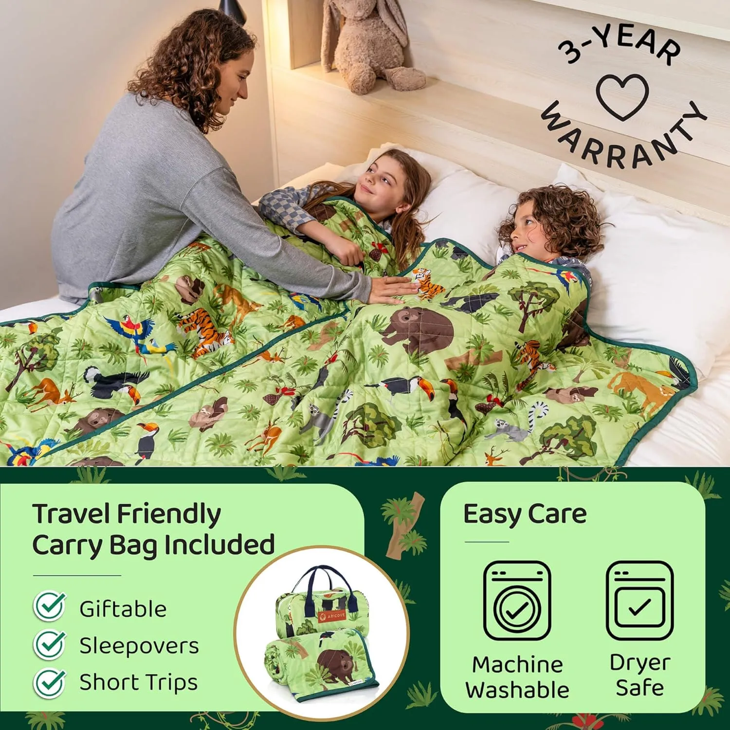 Weighted Blanket Kids, 7 lb, 40x60 inches, Small Twin Size, Soft Cotton, Machine Washable, Green/Jungle Animals