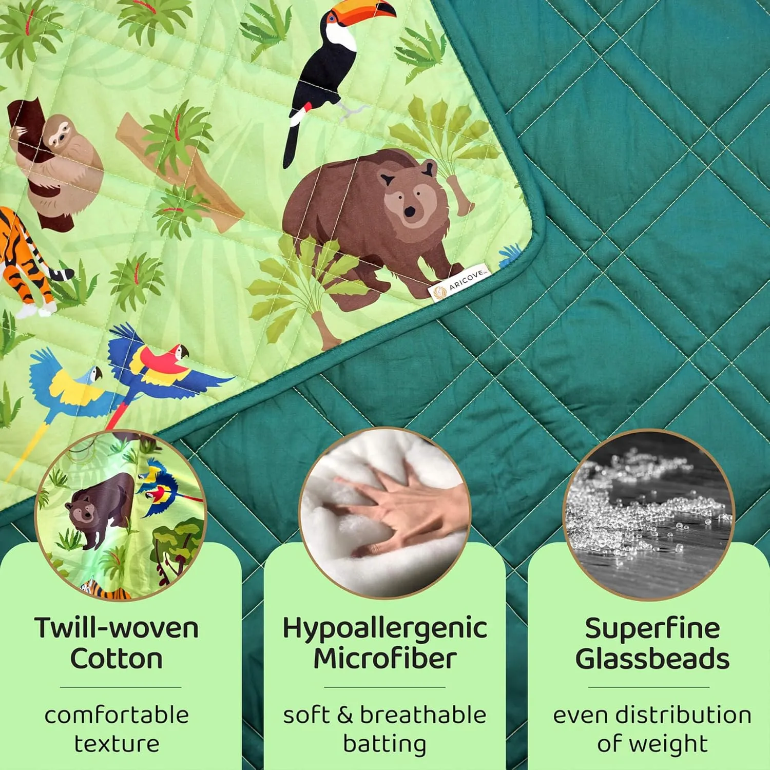 Weighted Blanket Kids, 7 lb, 40x60 inches, Small Twin Size, Soft Cotton, Machine Washable, Green/Jungle Animals
