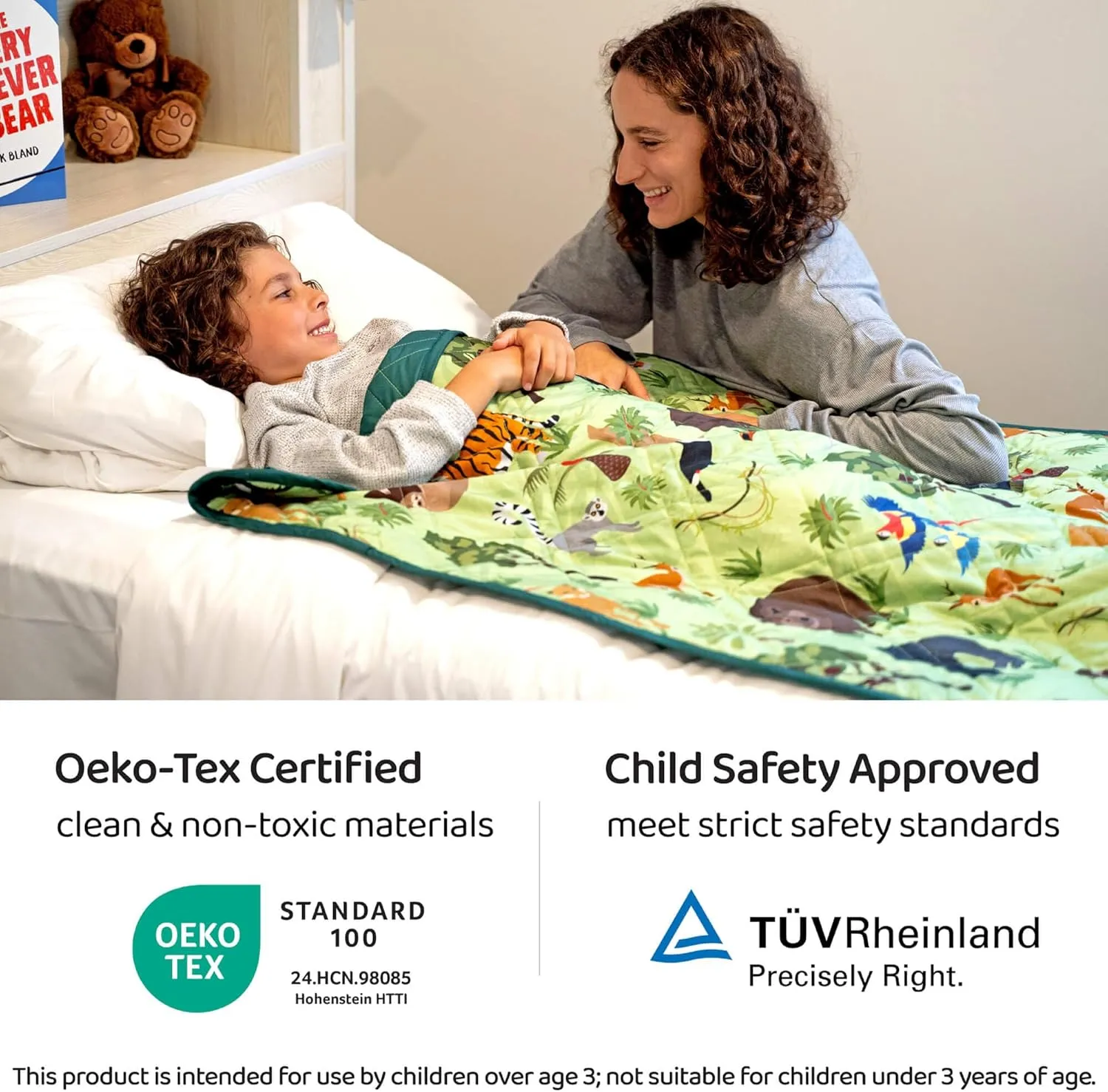 Weighted Blanket Kids, 7 lb, 40x60 inches, Small Twin Size, Soft Cotton, Machine Washable, Green/Jungle Animals