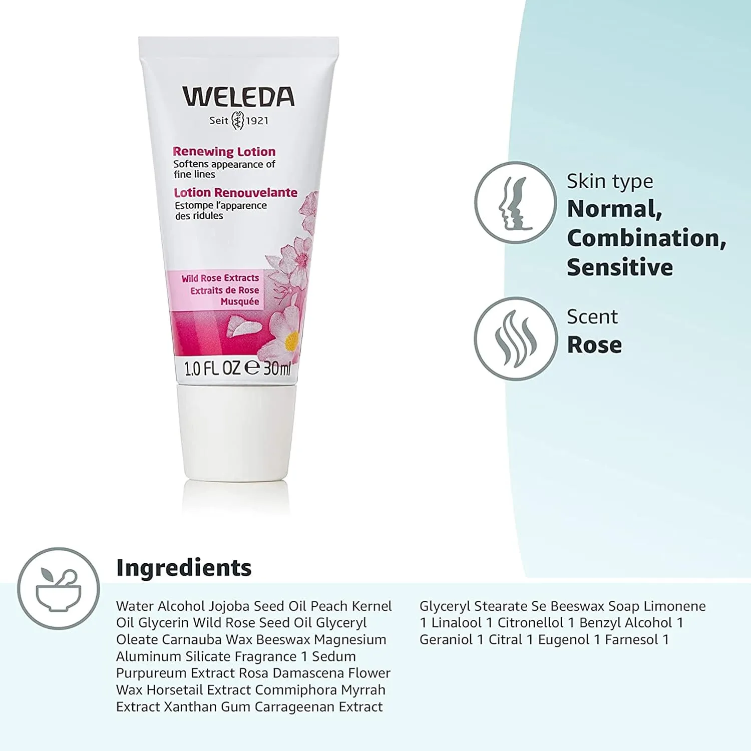 Weleda Renewing Face Lotion, 1 Fluid Ounce, Plant Rich Moisturizer with Wild Rose, Jojoba and Peach Kernel Oils