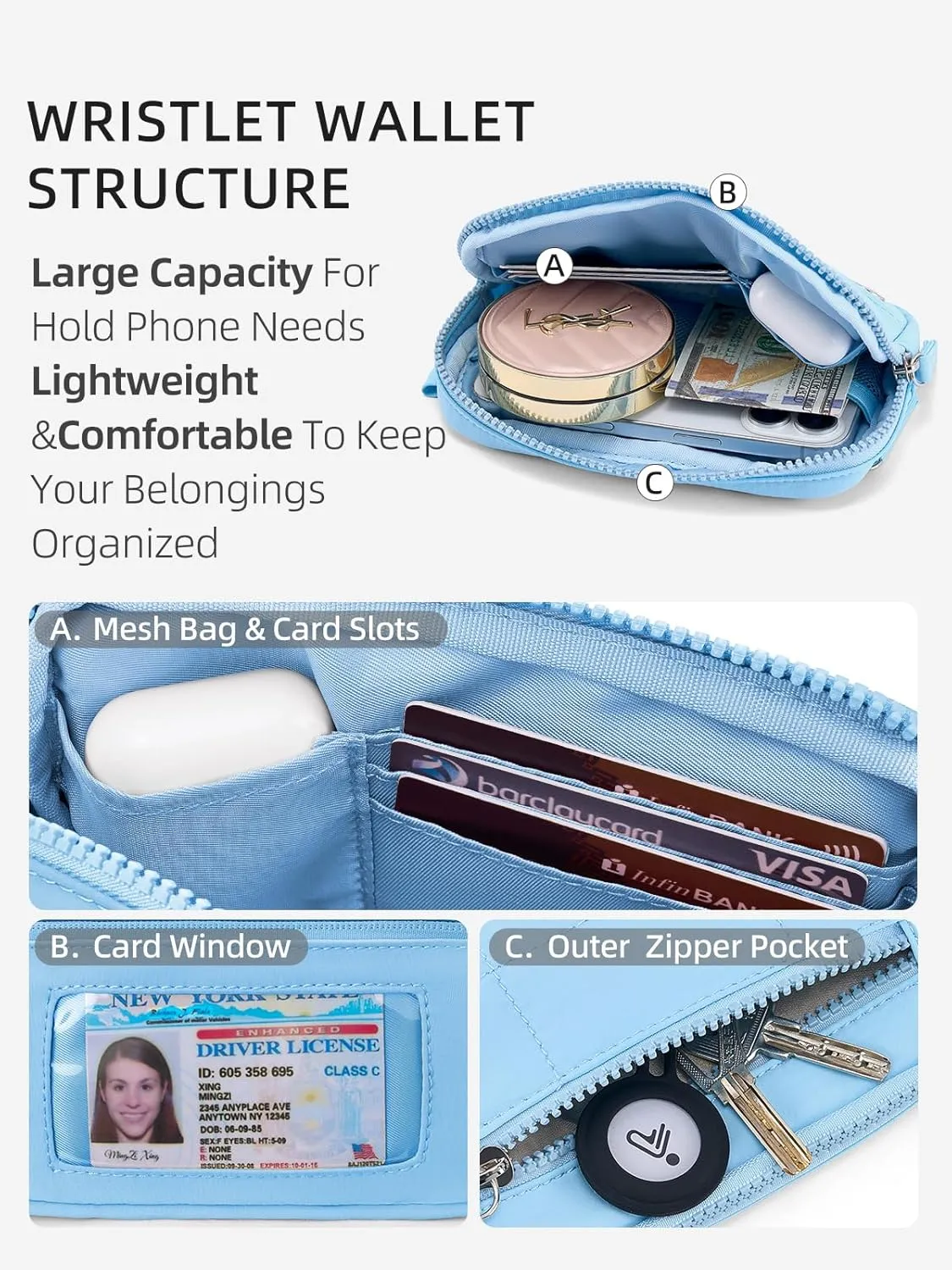 WESTBRONCO Wristlet Wallets for Women Nylon Quilted RFID Wallet with 3 Zipper Purse for Travel Credit Card Holder Phone Organizer