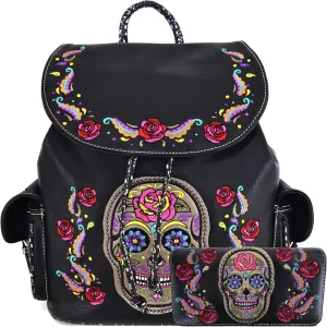WESTERN ORIGIN Sugar Skull Day of the Dead Daypack Punk Gothic Backpack Rose Flower Fashion Women Travel Biker Purse Daypack Wallet Set (#1 Black Set)