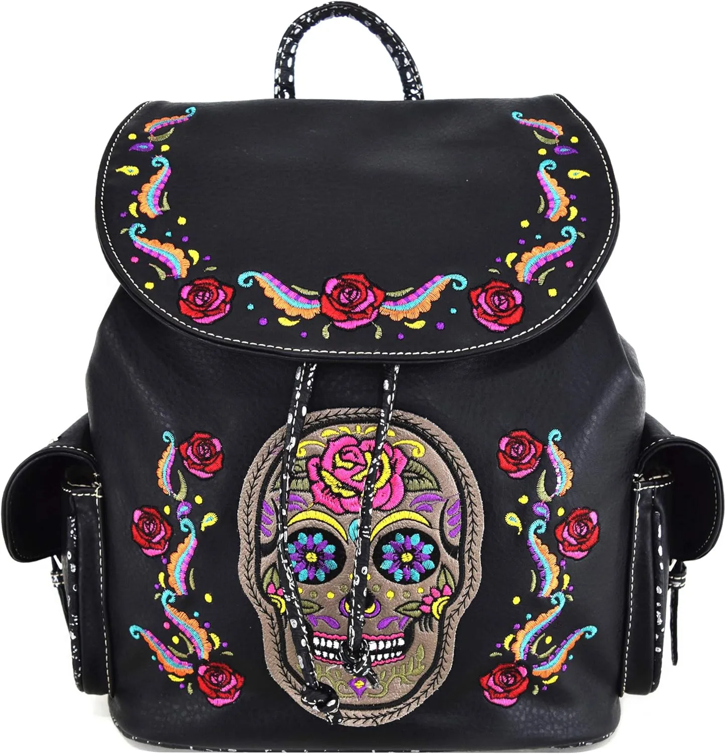 WESTERN ORIGIN Sugar Skull Day of the Dead Daypack Punk Gothic Backpack Rose Flower Fashion Women Travel Biker Purse Daypack Wallet Set (#1 Black Set)