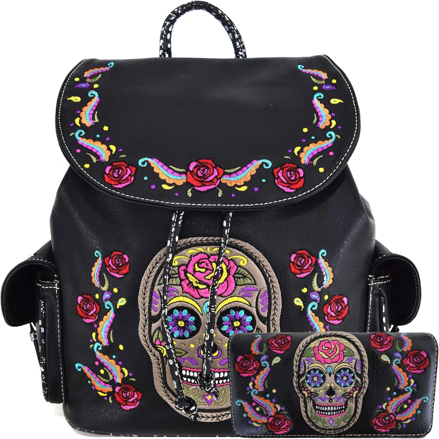 WESTERN ORIGIN Sugar Skull Day of the Dead Daypack Punk Gothic Backpack Rose Flower Fashion Women Travel Biker Purse Daypack Wallet Set (#1 Black Set)