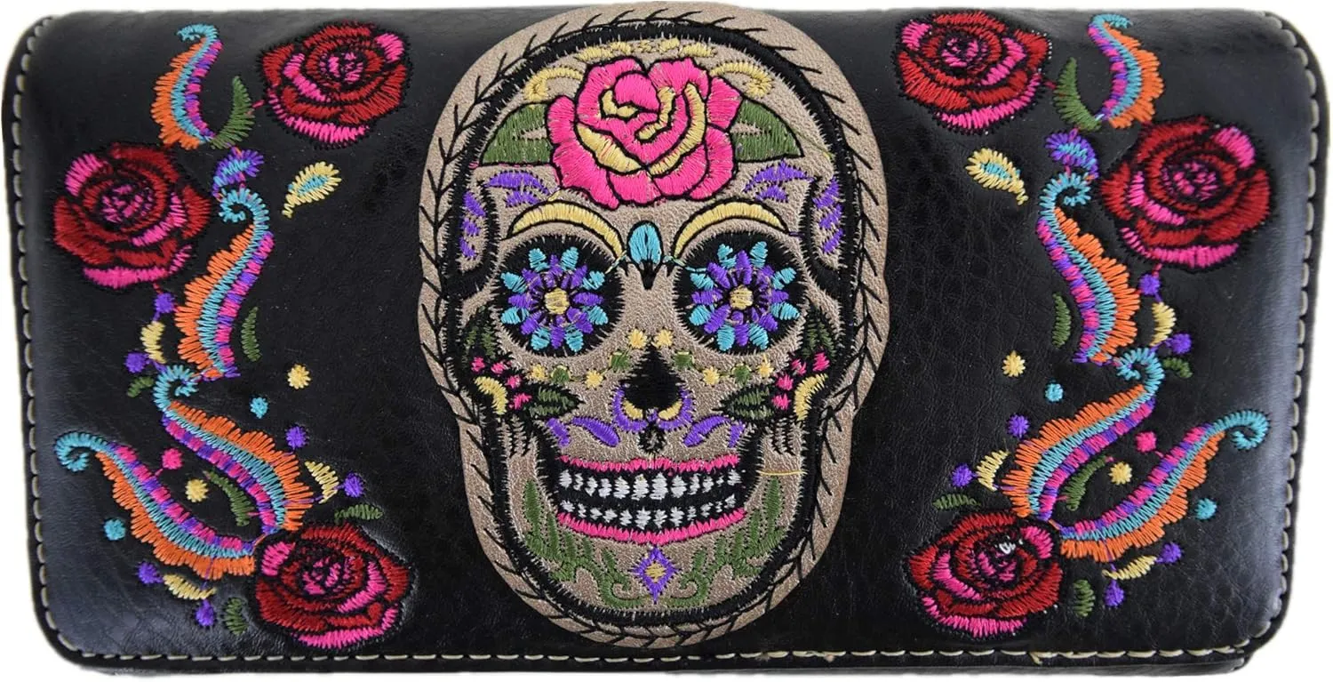 WESTERN ORIGIN Sugar Skull Day of the Dead Daypack Punk Gothic Backpack Rose Flower Fashion Women Travel Biker Purse Daypack Wallet Set (#1 Black Set)
