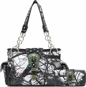 Western Style Camouflage Purse Concho Buckle Tooled Floral Country Studs Crossbody Women Handbag Shoulder Bag Wallet Set