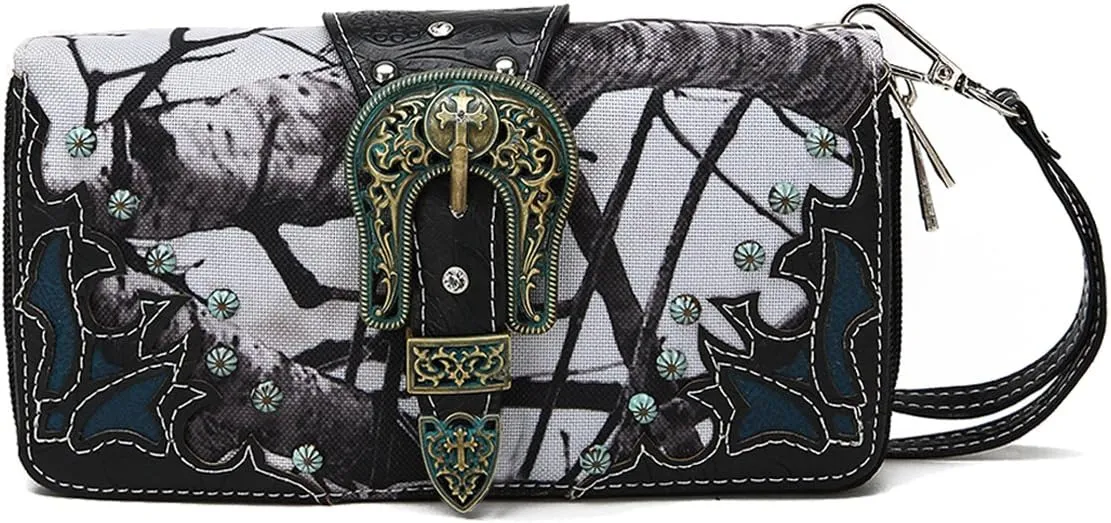 Western Style Camouflage Purse Concho Buckle Tooled Floral Country Studs Crossbody Women Handbag Shoulder Bag Wallet Set