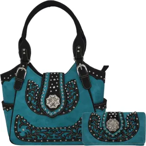 Western Style Rhinestone Concho West Concealed Carry Purse Country Handbag Women Shoulder Bag Wallet Set