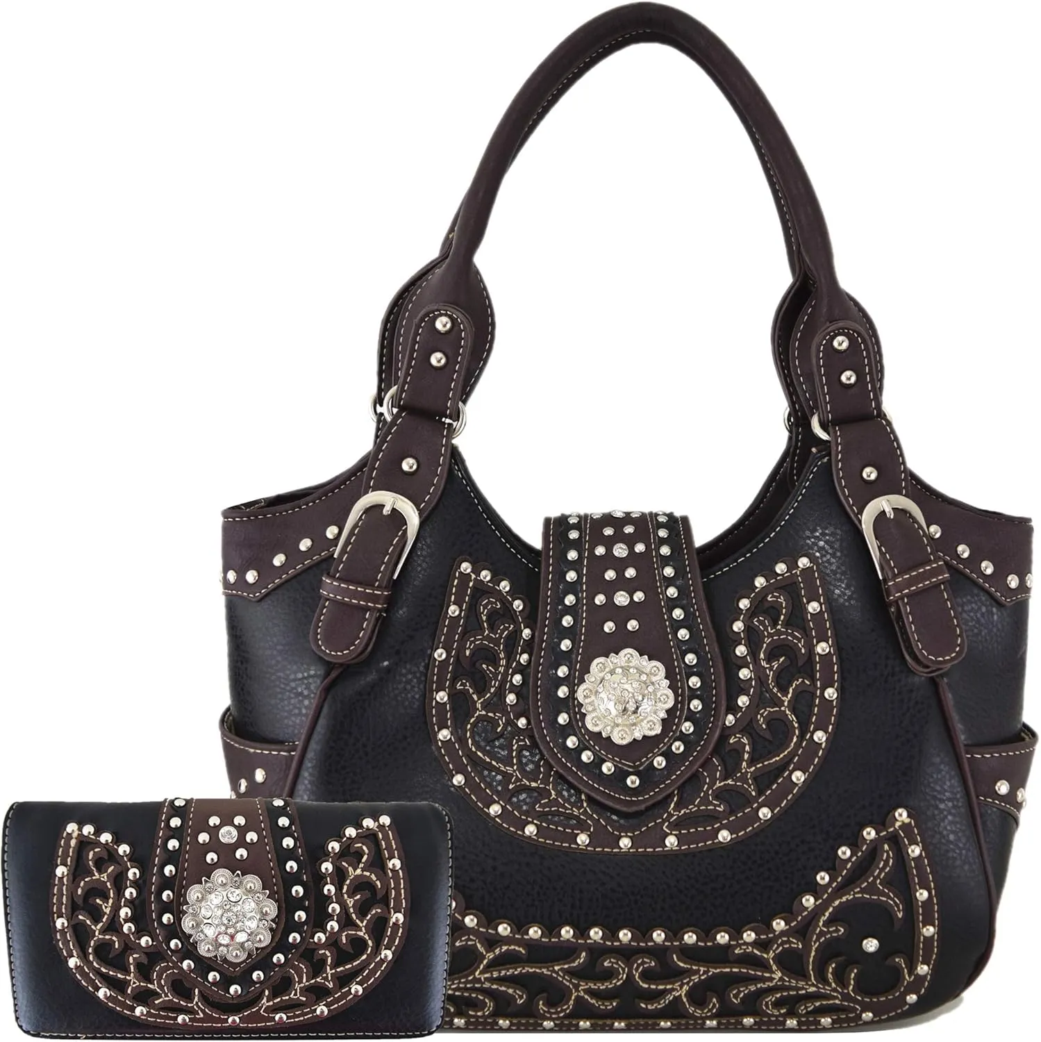 Western Style Rhinestone Concho West Concealed Carry Purse Country Handbag Women Shoulder Bag Wallet Set