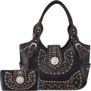 Western Style Rhinestone Concho West Concealed Carry Purse Country Handbag Women Shoulder Bag Wallet Set