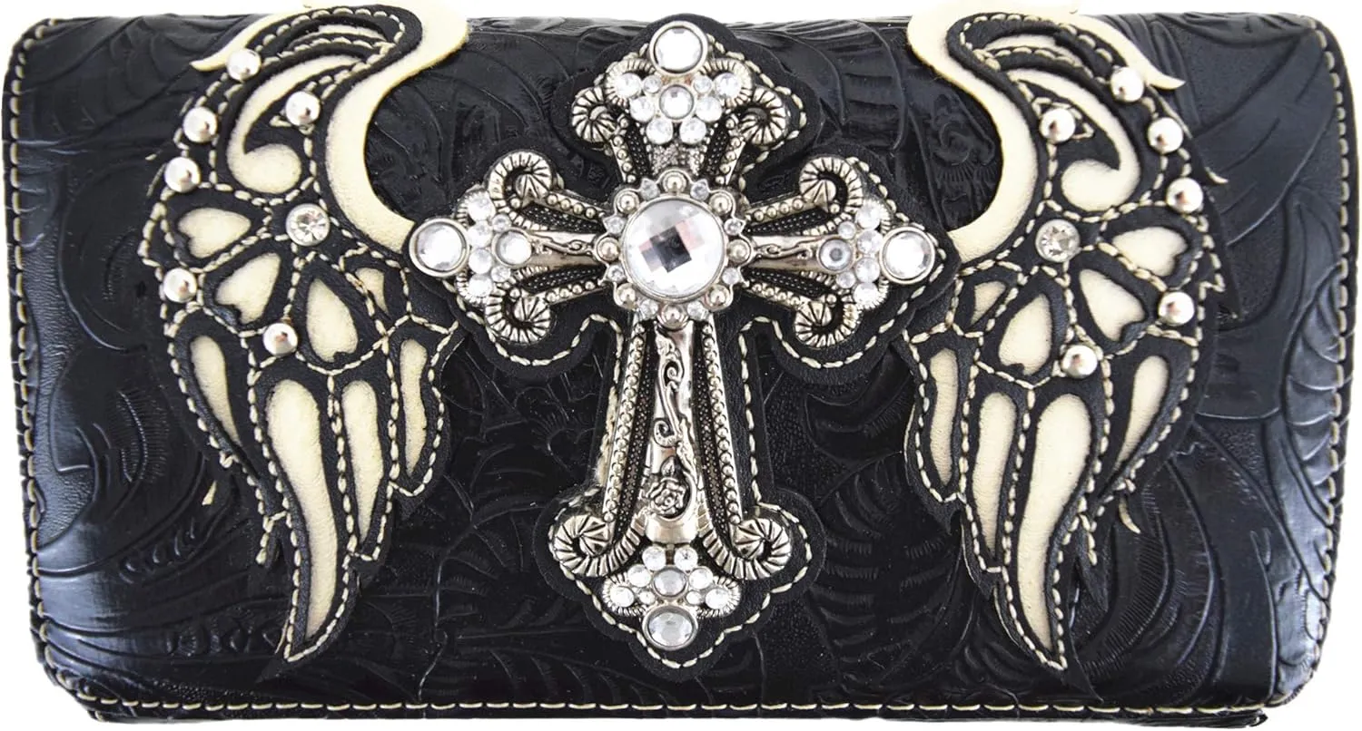 Western Style Rhinestone Cross Studded Laser Cut Wings Tooled Leather Purse Women Handbags Country Shoulder Bag Wallet Set