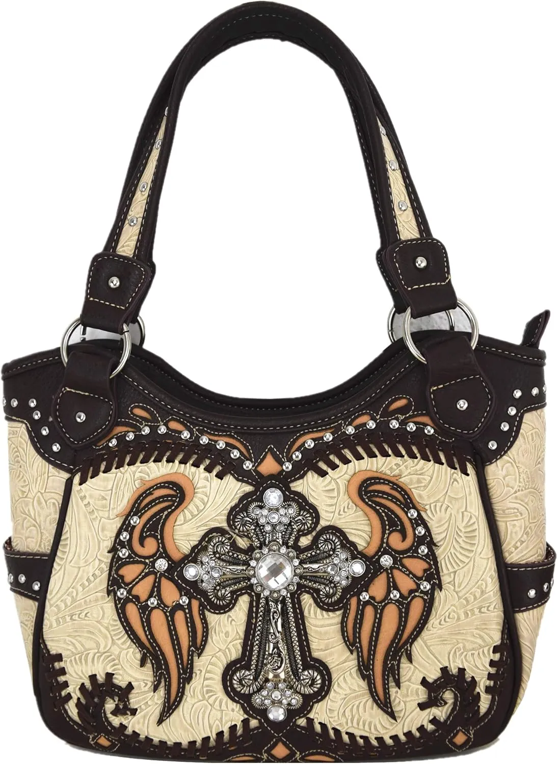 Western Style Rhinestone Cross Studded Laser Cut Wings Tooled Leather Purse Women Handbags Country Shoulder Bag Wallet Set