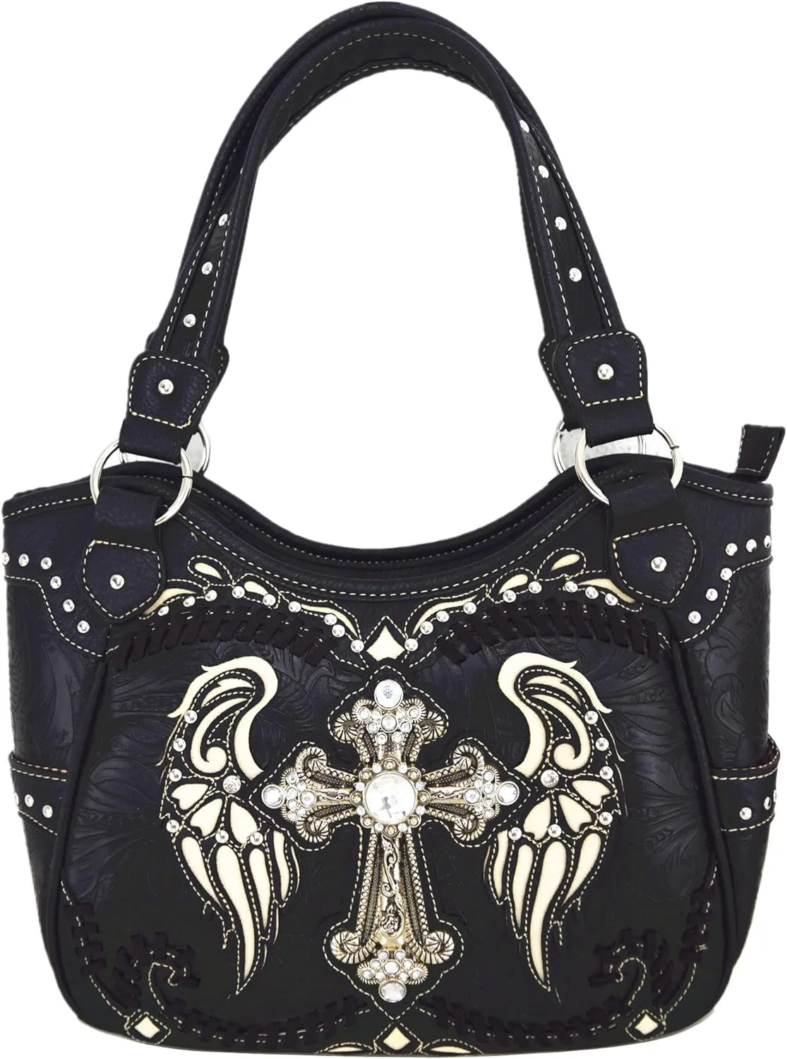 Western Style Rhinestone Cross Studded Laser Cut Wings Tooled Leather Purse Women Handbags Country Shoulder Bag Wallet Set
