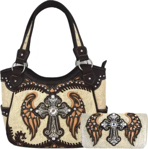 Western Style Rhinestone Cross Studded Laser Cut Wings Tooled Leather Purse Women Handbags Country Shoulder Bag Wallet Set